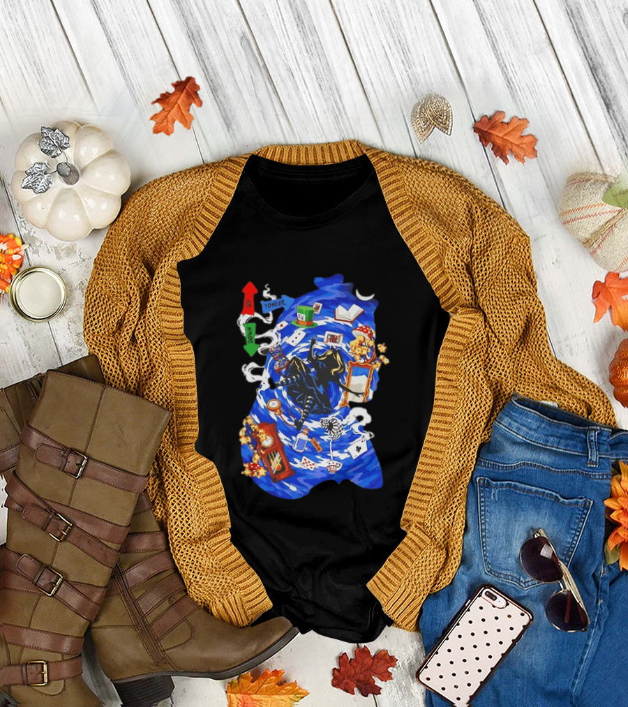 Alice in Wonderland Through the Rabbit Hole Down Yonder with Wonderland Icons and Vortex T-Shirt