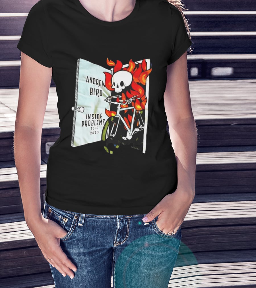 Andrew Bird Inside Problems Tour 2023 Flaming Skeleton On Bicycle T-Shirt