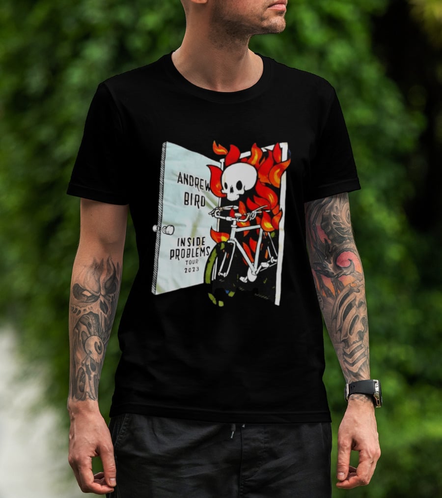 Andrew Bird Inside Problems Tour 2023 Flaming Skeleton On Bicycle T-Shirt