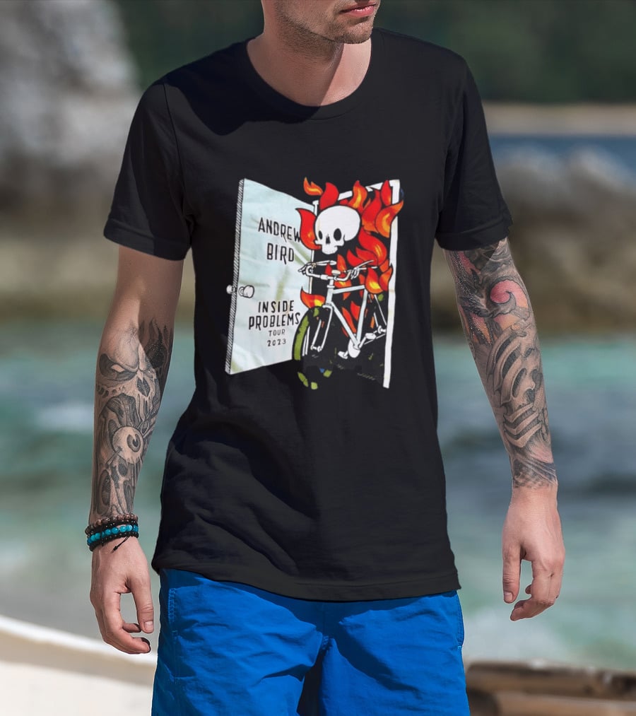 Andrew Bird Inside Problems Tour 2023 Flaming Skeleton On Bicycle T-Shirt