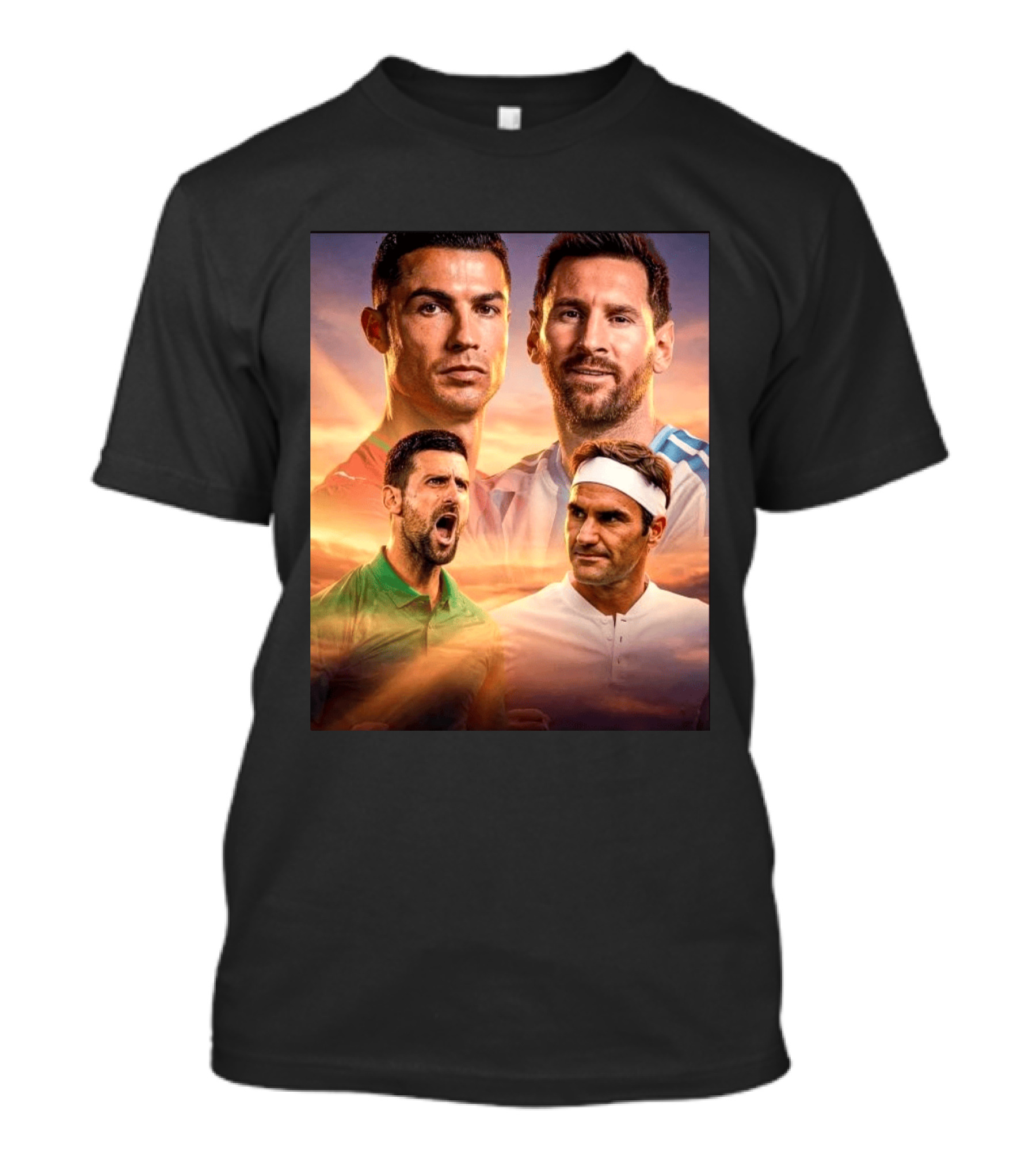 Cristiano Ronaldo Lionel Messi Novak Djokovic Roger Federer GOAT Sports Legends Celebrating Iconic Athletes T-Shirt