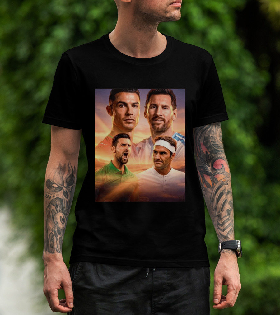 Cristiano Ronaldo Lionel Messi Novak Djokovic Roger Federer GOAT Sports Legends Celebrating Iconic Athletes T-Shirt