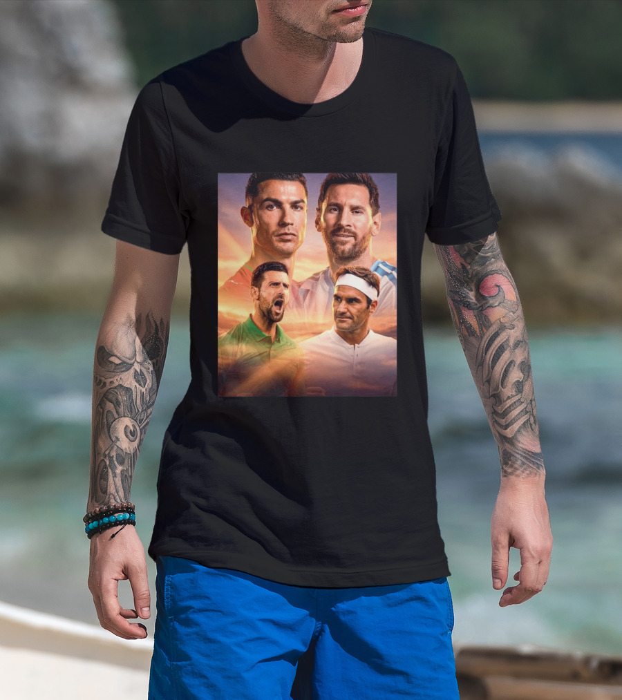 Cristiano Ronaldo Lionel Messi Novak Djokovic Roger Federer GOAT Sports Legends Celebrating Iconic Athletes T-Shirt