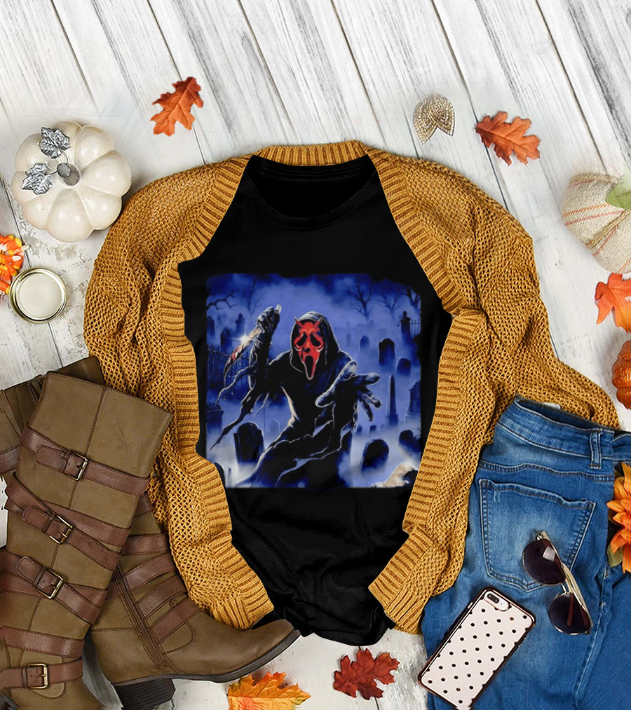 Ghostface Scream Devil Mask With Knife In Cemetery T-Shirt