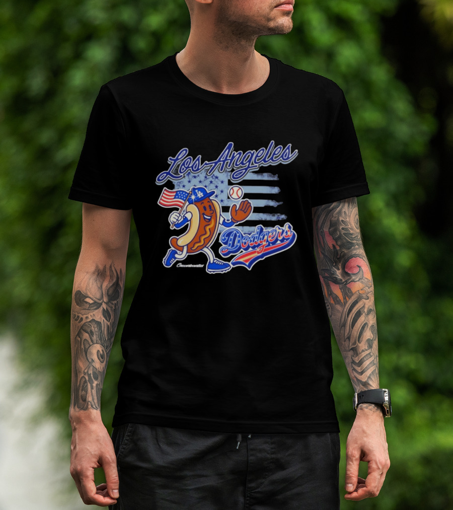 Los Angeles Dodgers Hot Dog Baseball American Flag Stars T-Shirt
