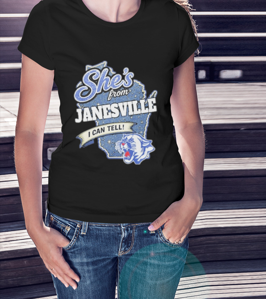 She's From Janesville I Can Tell With Wisconsin Map And Wildcat T-Shirt