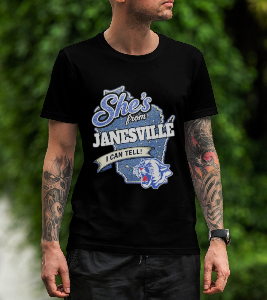 She's From Janesville I Can Tell With Wisconsin Map And Wildcat T-Shirt