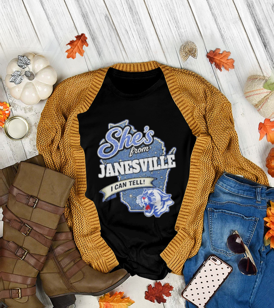 She's from Janesville I Can Tell with Wisconsin Map and Wildcat T-Shirt