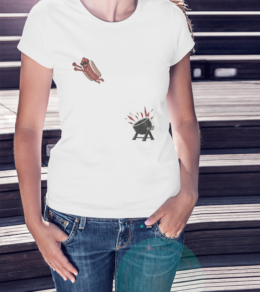 Hot Dog Jumping Into Grill Cartoon T-Shirt