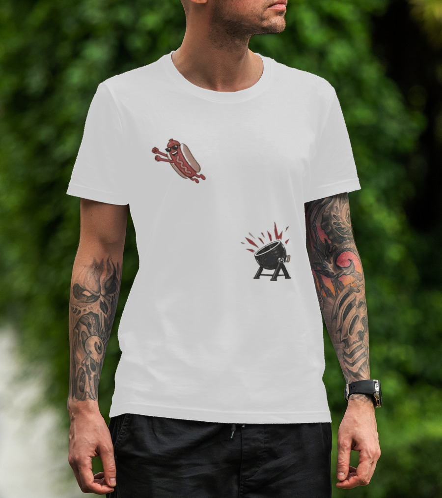 Hot Dog Jumping Into Grill Cartoon T-Shirt