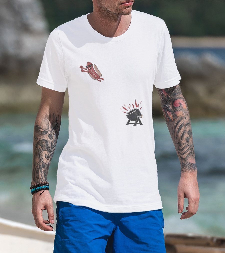 Hot Dog Jumping Into Grill Cartoon T-Shirt