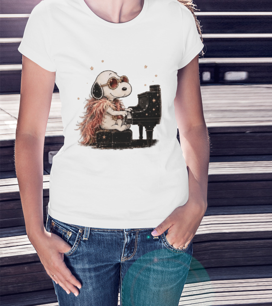 Snoopy Elton John Playing Piano Under Starry Nights T-Shirt