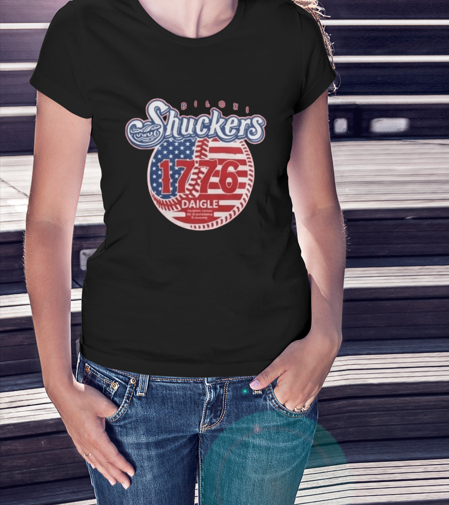 Biloxi Shuckers 1776 American Flag Baseball Daigle Text Stars Stripes T-Shirt