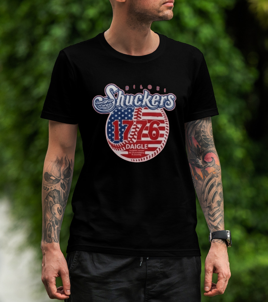 Biloxi Shuckers 1776 American Flag Baseball Daigle Text Stars Stripes T-Shirt