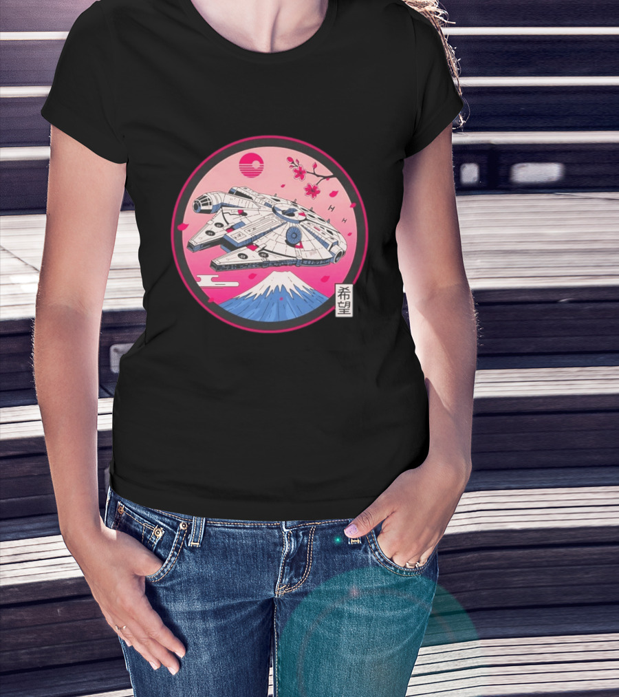 Millennium Falcon Over Fuji Cherry Blossoms Hope Kanji Circle T-Shirt