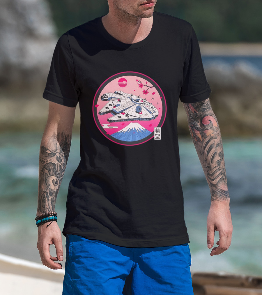 Millennium Falcon Over Fuji Cherry Blossoms Hope Kanji Circle T-Shirt