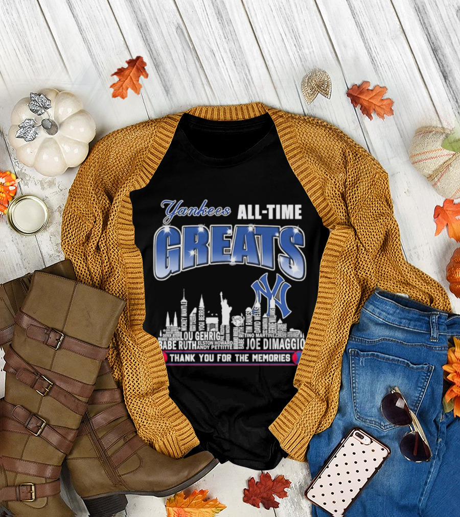 Yankees All Time Greats Lou Gehrig Babe Ruth Joe DiMaggio Derek Jeter MLB Skyline Yankees NY Thank You for the Memories T-Shirt