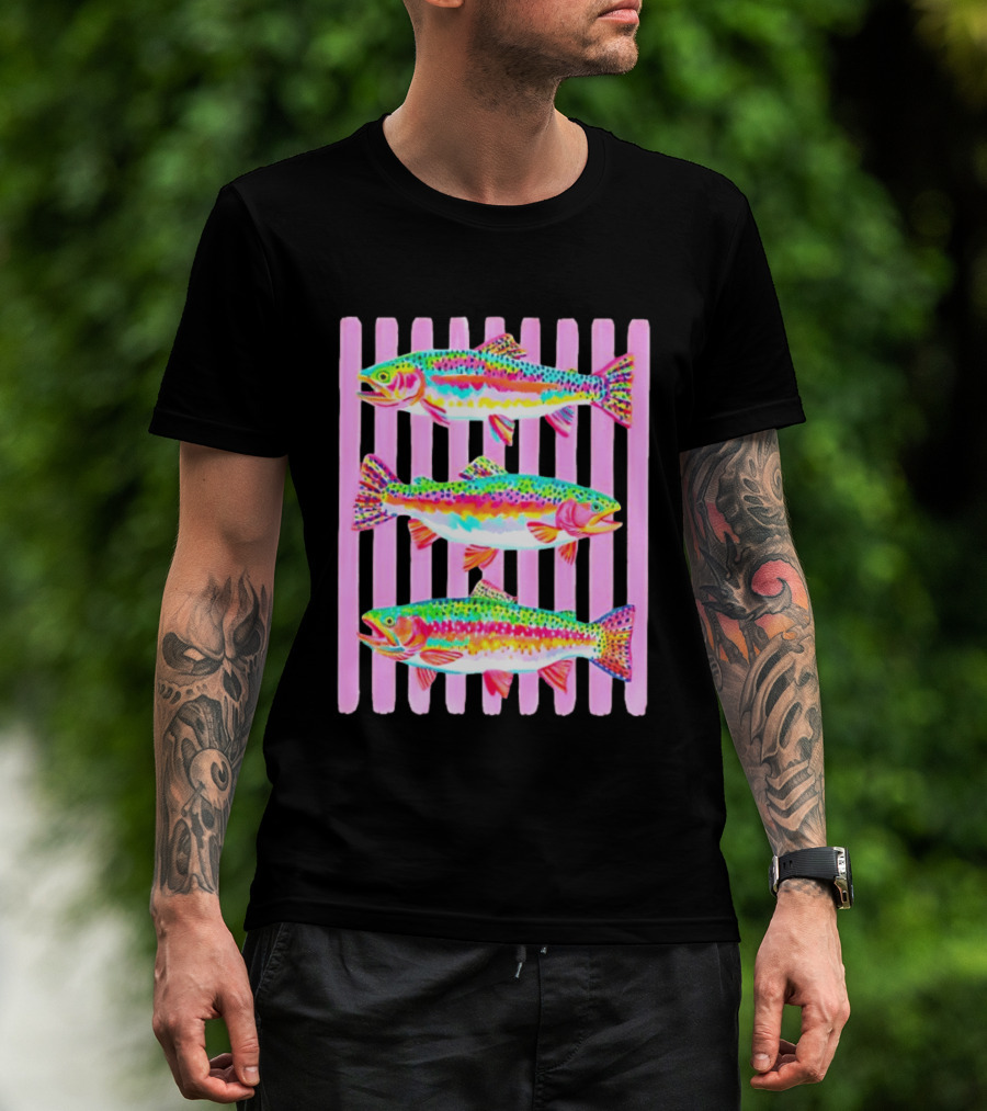 Rainbow Trout Fish Three Swimming Pink Vertical Striped T-Shirt