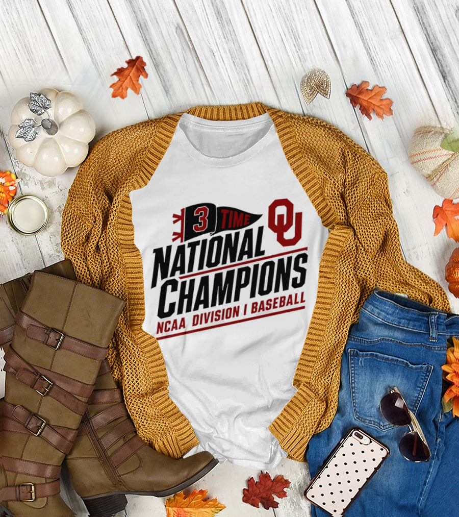 3 Time National Champions OU NCAA Division I Baseball T-Shirt