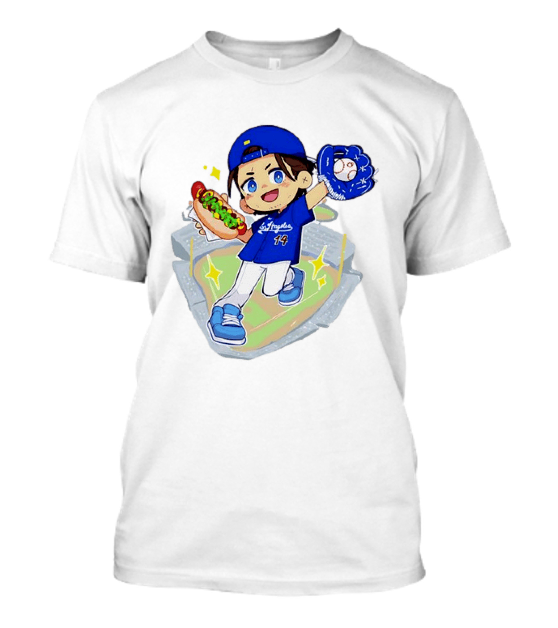 Enrique Hernandez Los Angeles Dodgers 14 Cartoon Style Baseball Glove And Hot Dog T-Shirt