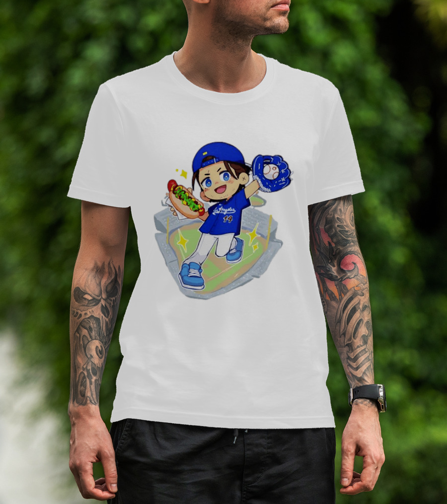 Enrique Hernandez Los Angeles Dodgers 14 Cartoon Style Baseball Glove And Hot Dog T-Shirt