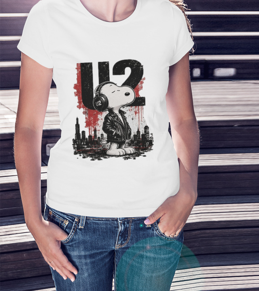 Snoopy U2 On Sky One Dream One Fearless Heart Urban Skyline T-Shirt