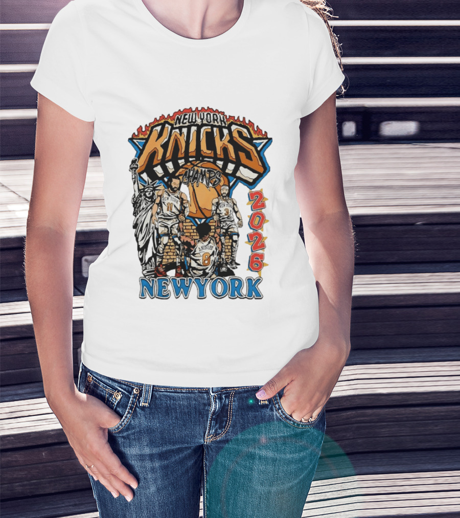 New York Knicks 2026 Champs Jalen Brunson OG Anunoby Josh Hart Statue Of Liberty T-Shirt