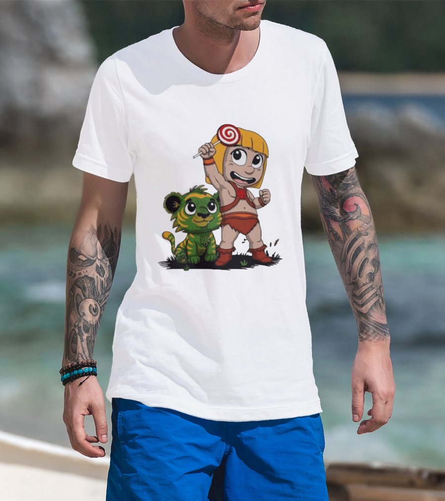 Master Of Kindergarten He Man Chibi With Tiger And Lollipop T-Shirt