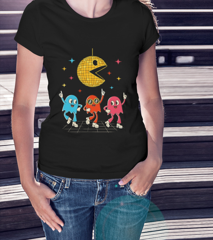 Pac Man Disco Ball And Ghosts Dance Arcade Party T-Shirt