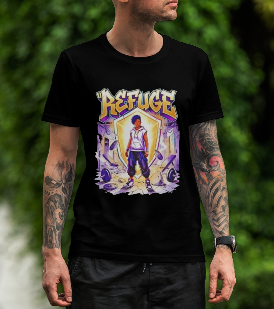 Refuge Strength God Shield Manga Style Weightlifting Motif T-Shirt