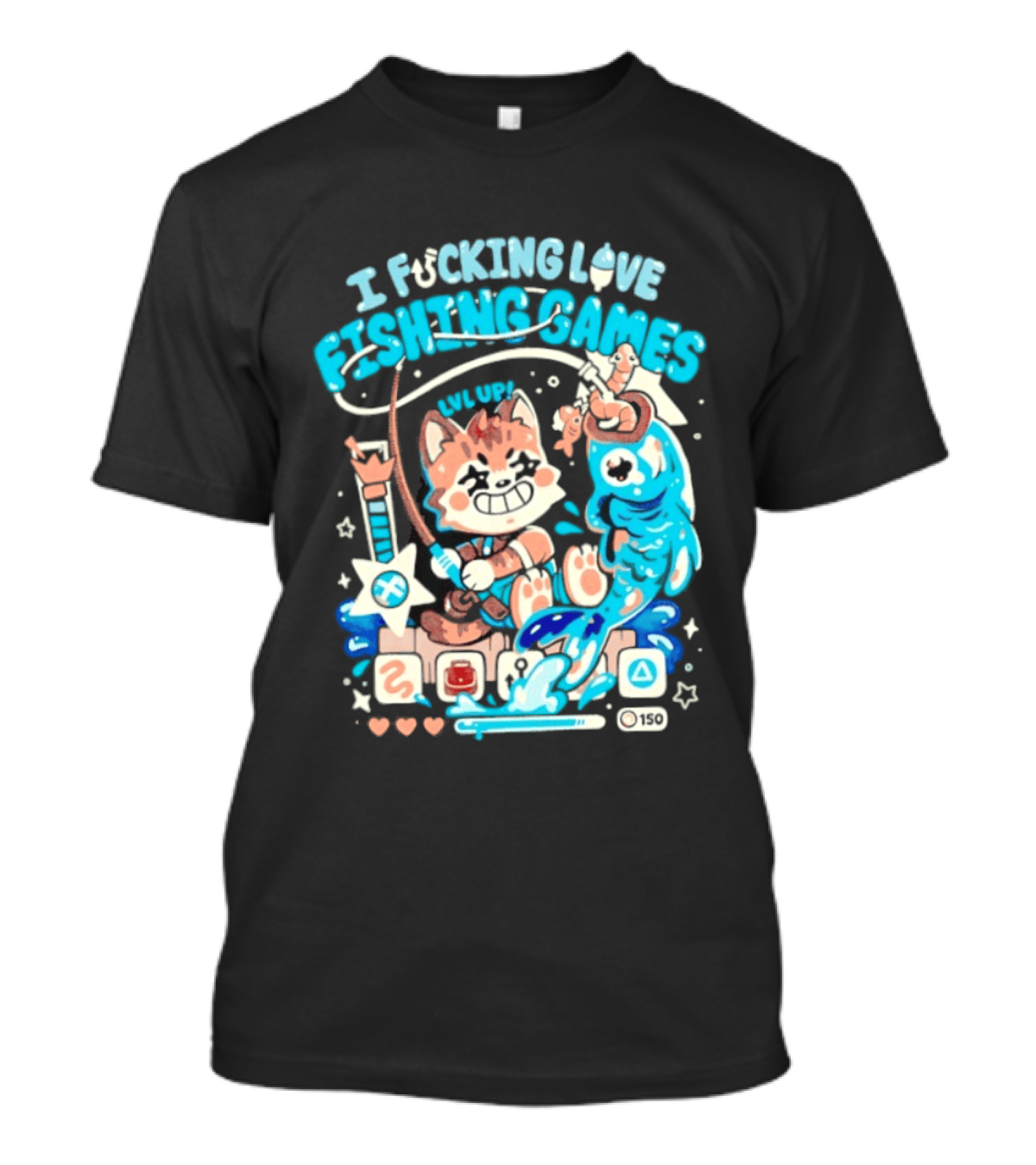 I Fucking Love Fishing Games XP Splash Cute Cat With Fish And Hearts T-Shirt