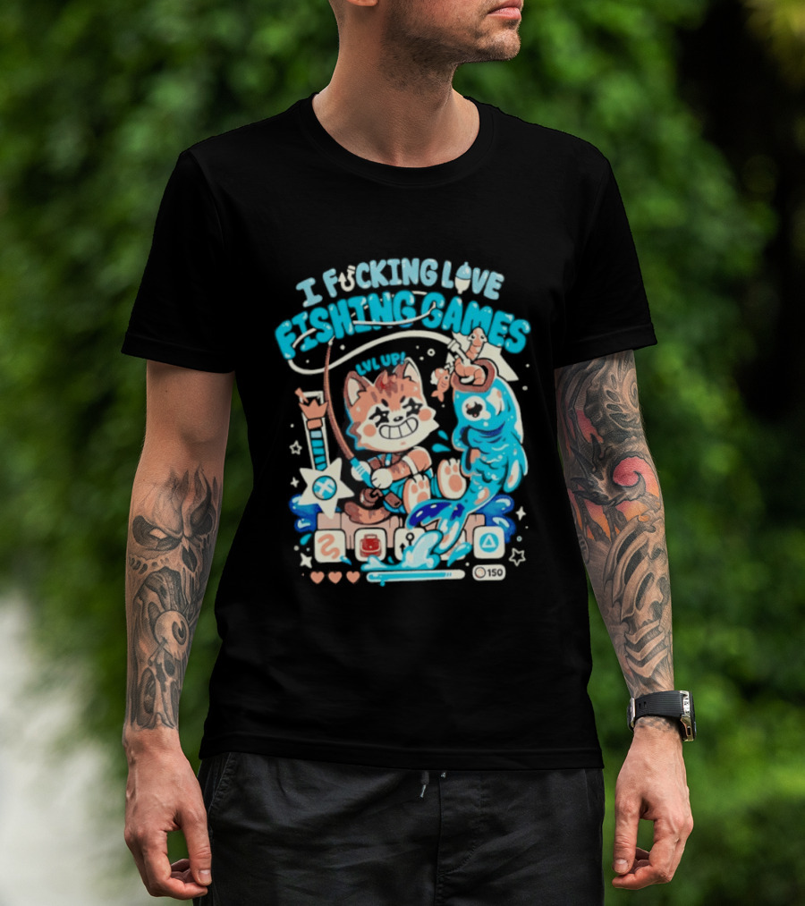 I Fucking Love Fishing Games XP Splash Cute Cat With Fish And Hearts T-Shirt