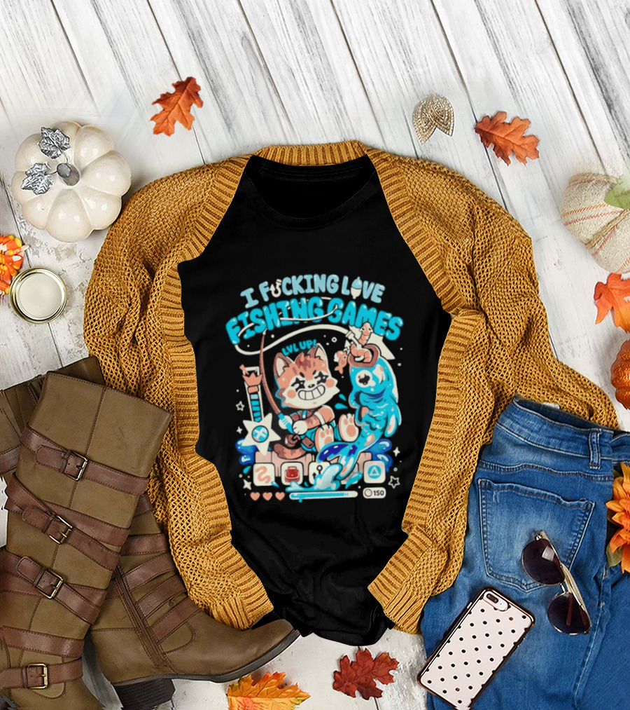 I Fucking Love Fishing Games XP Splash Cute Cat with Fish and Hearts T-Shirt