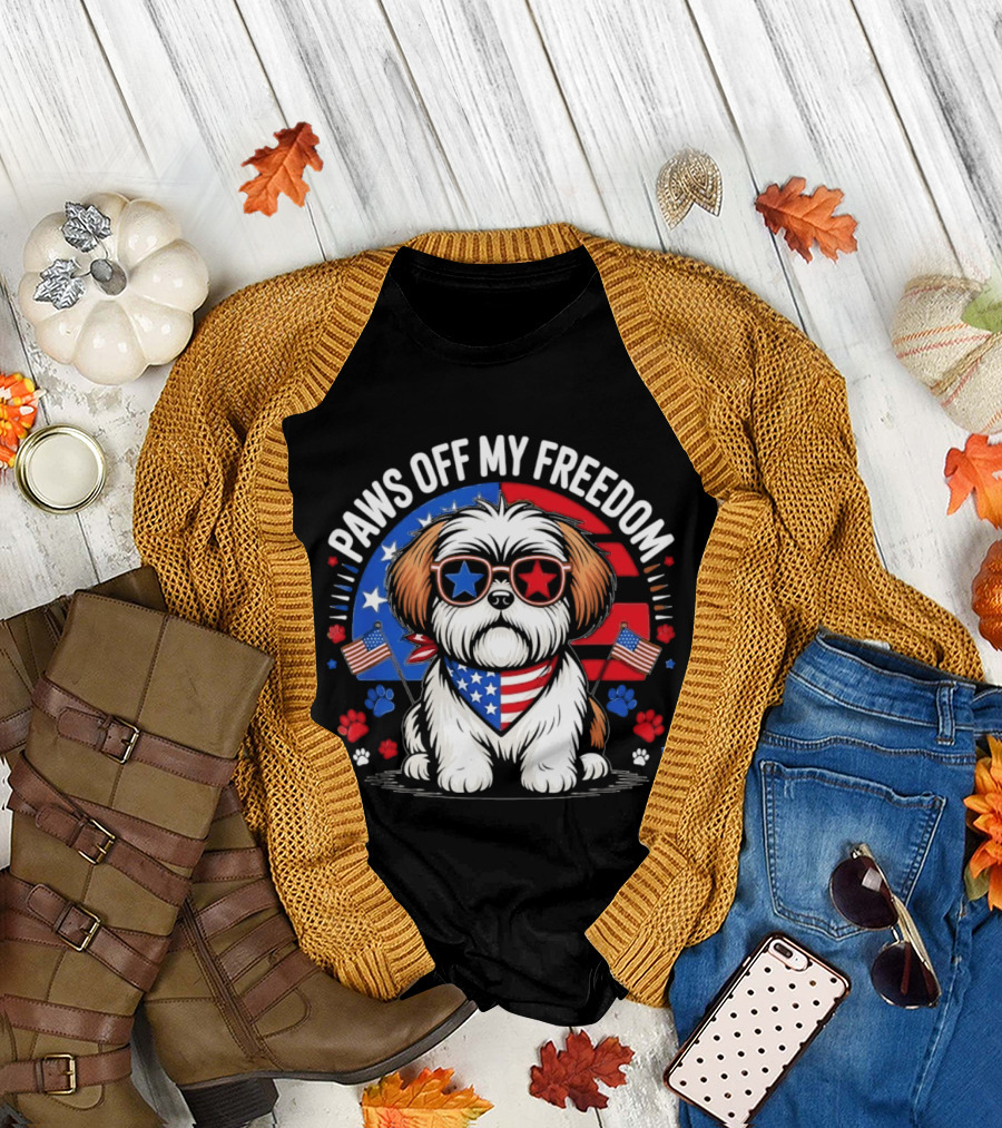 Paws Off My Freedom Shih Tzu American Flag Sunglasses Stars and Stripes T-Shirt