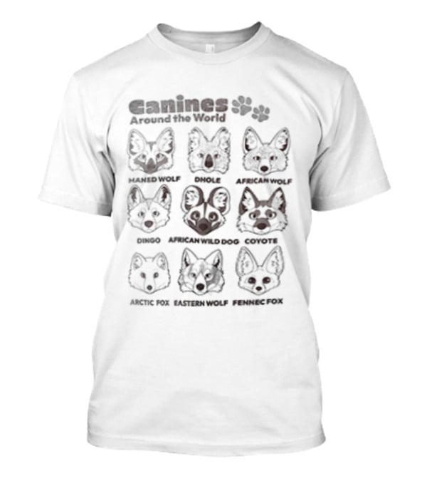 Ganines Around The World Maned Wolf Dhole Bush Dog African Wild Dog Coyote Culpeo Raccoon Dog Tibetan Fox Ethiopian Wolf Tanuki T-Shirt