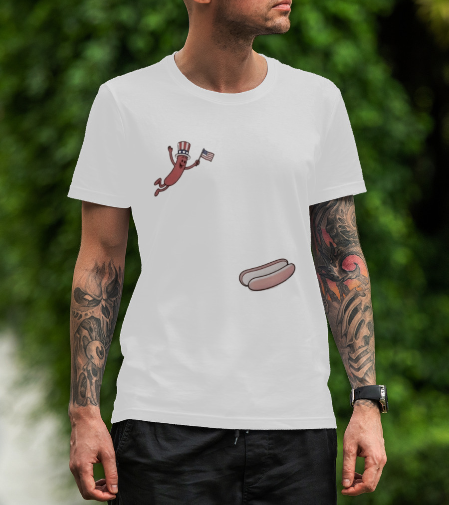 Hot Dog Wearing USA Flag Hat Jumping With American Spirit T-Shirt