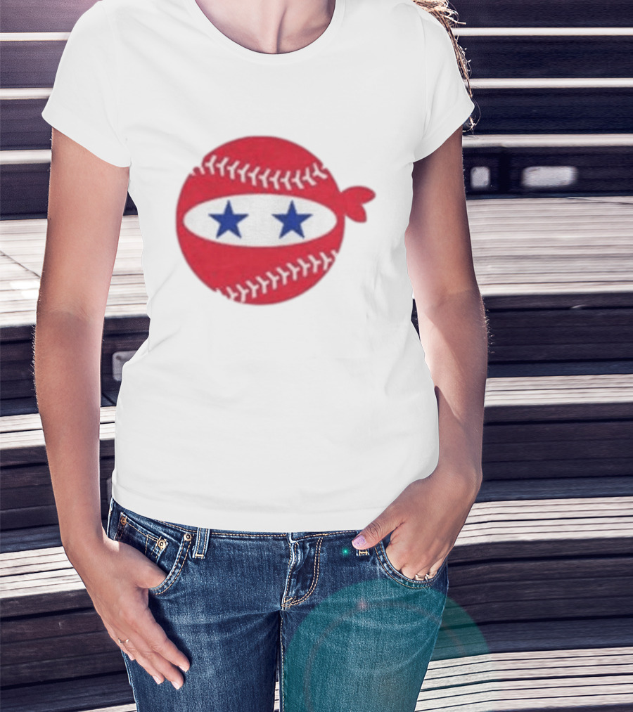 Pitching Ninja Baseball Two Blue Stars Red Baseball Stitches T-Shirt