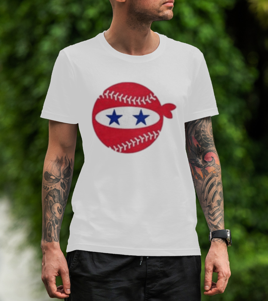 Pitching Ninja Baseball Two Blue Stars Red Baseball Stitches T-Shirt