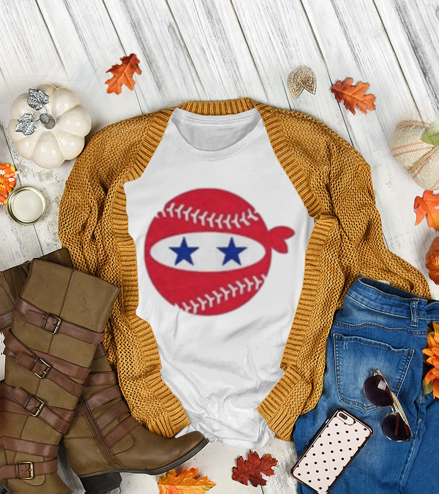 Pitching Ninja Baseball Two Blue Stars Red Baseball Stitches T-Shirt