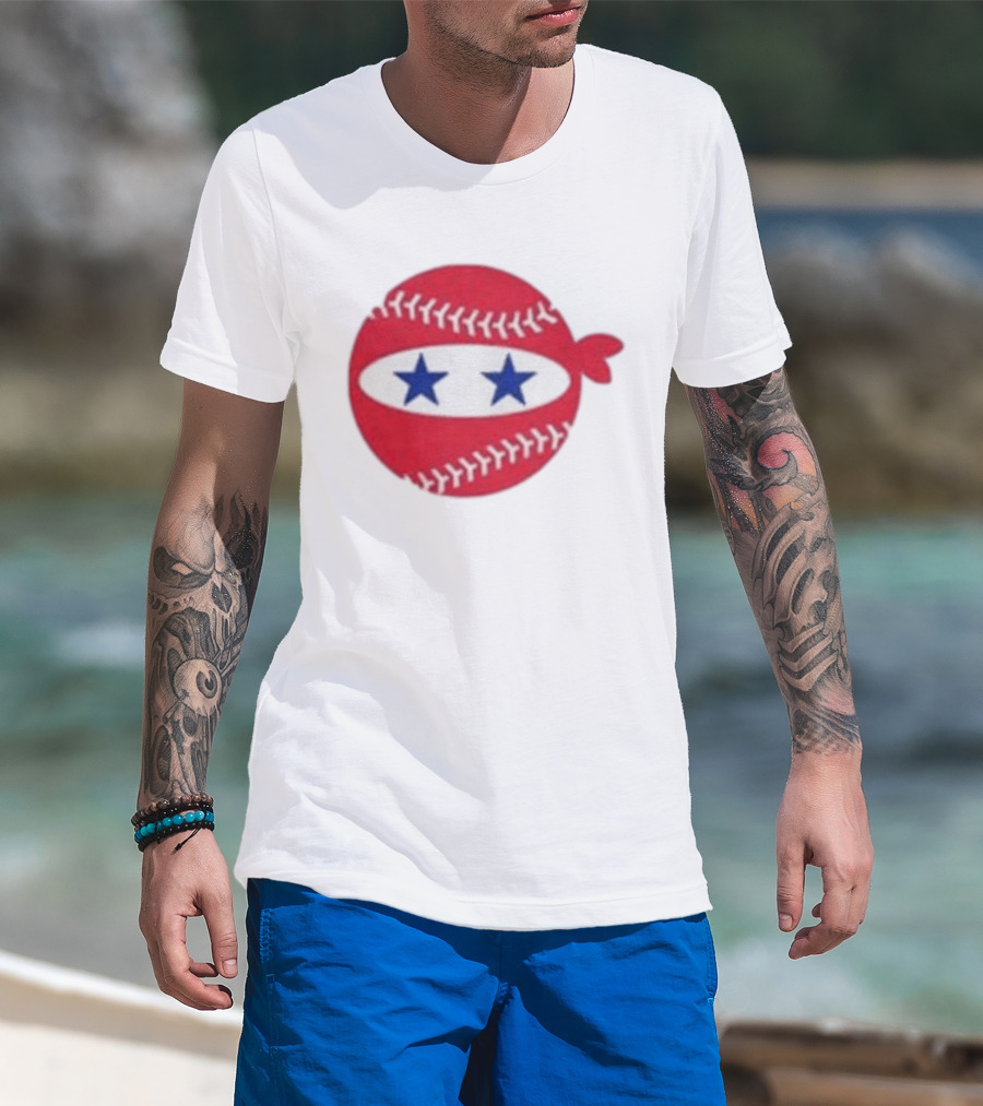 Pitching Ninja Baseball Two Blue Stars Red Baseball Stitches T-Shirt