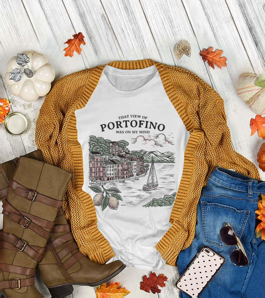 That View of Portofino Was On My Mind Scenic Harbor Sailboat Lemons T-Shirt
