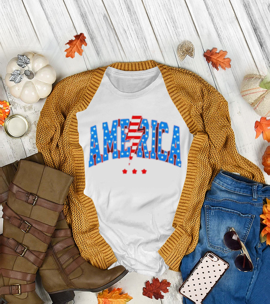 Patriotic America Stars and Stripes Lightning Bolt T-Shirt
