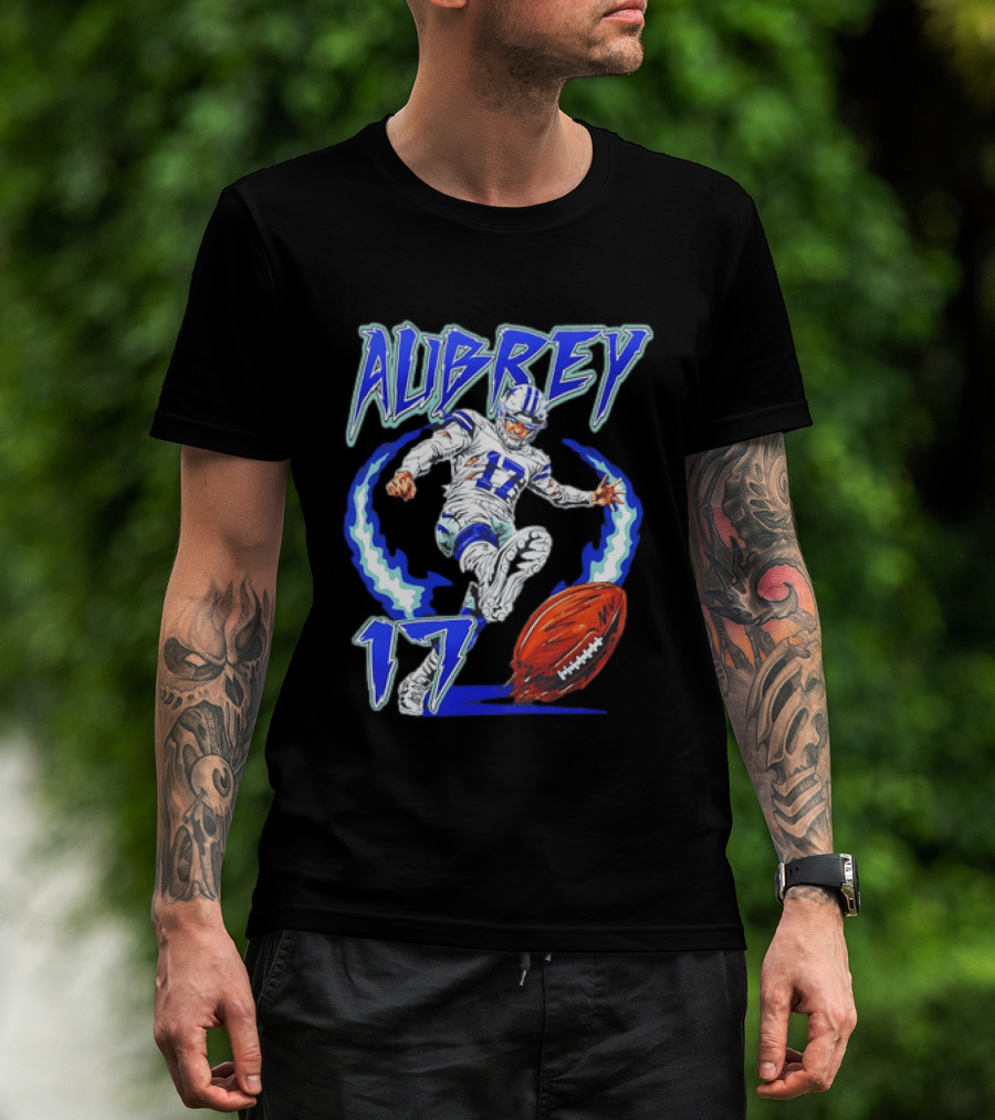 Aubrey 17 Dallas Football Player Kicking With Blue Lightning T-Shirt