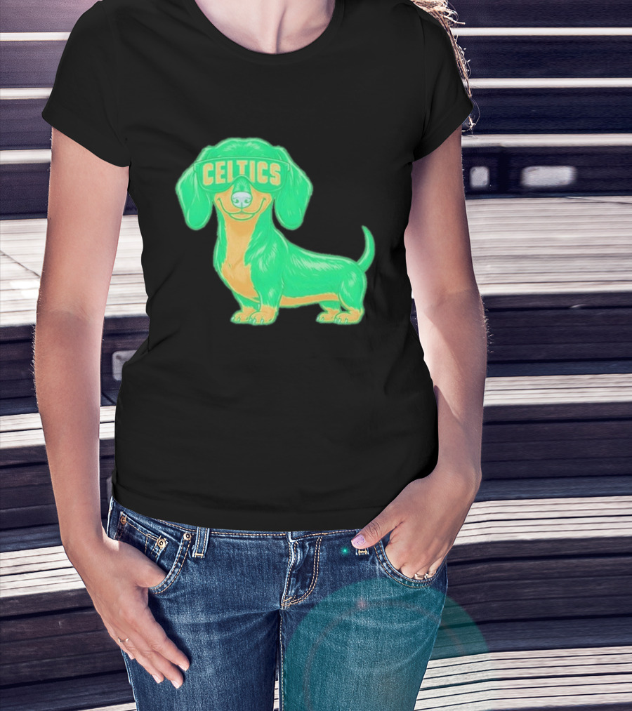 Boston Celtics Dachshund Cartoon Glasses T-Shirt