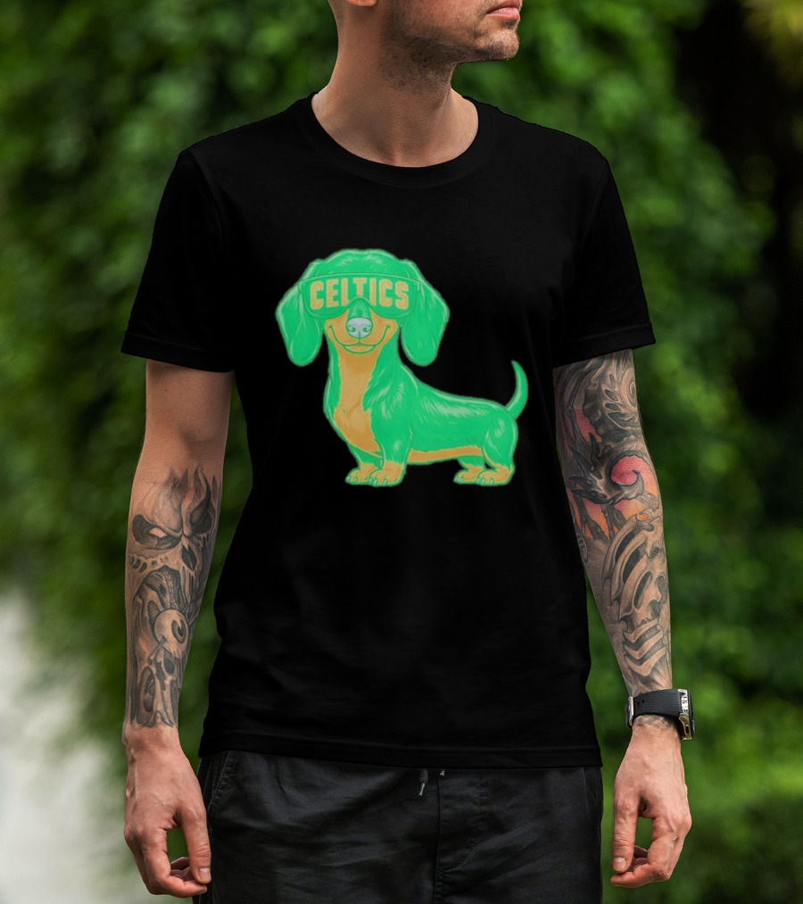 Boston Celtics Dachshund Cartoon Glasses T-Shirt