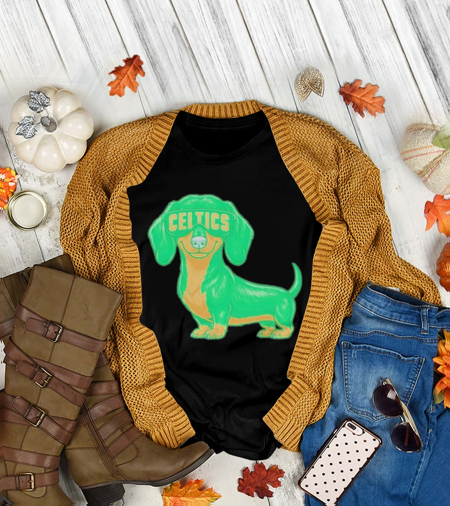 Boston Celtics Dachshund Cartoon Glasses T-Shirt
