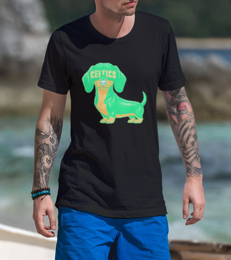 Boston Celtics Dachshund Cartoon Glasses T-Shirt