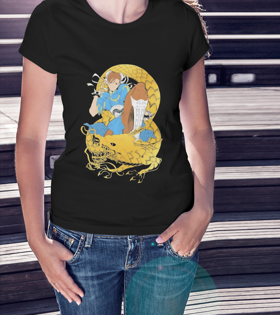 Chun Li Gold Dragon Kick Fighter Blue Outfit Gold Dragon T-Shirt