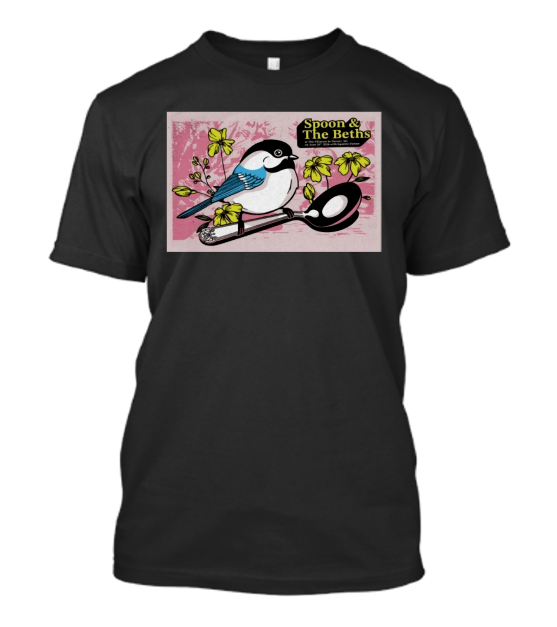Spoon And The Beths June 26 2026 Detroit MI With Bird On Spoon And Yellow Flowers T-Shirt