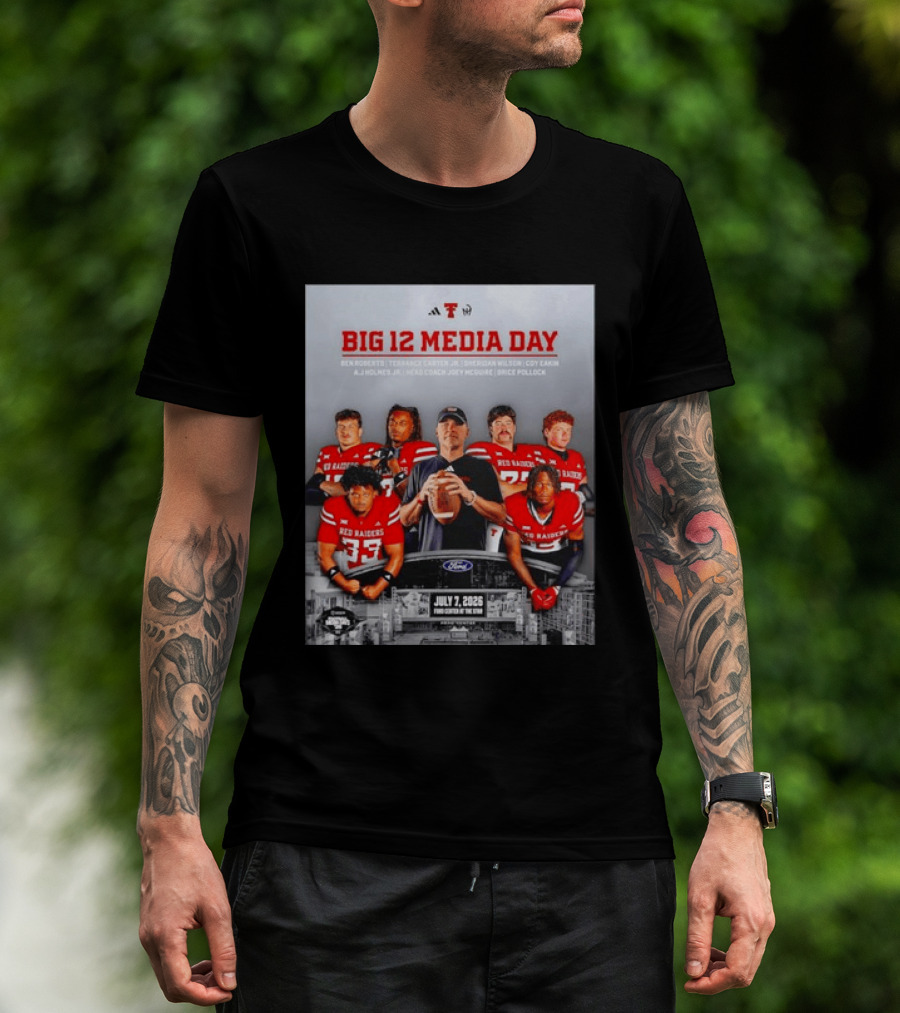Big 12 Media Day Texas Tech Red Raiders July 7 2026 With Ben Roberts And Joey McGuire T-Shirt